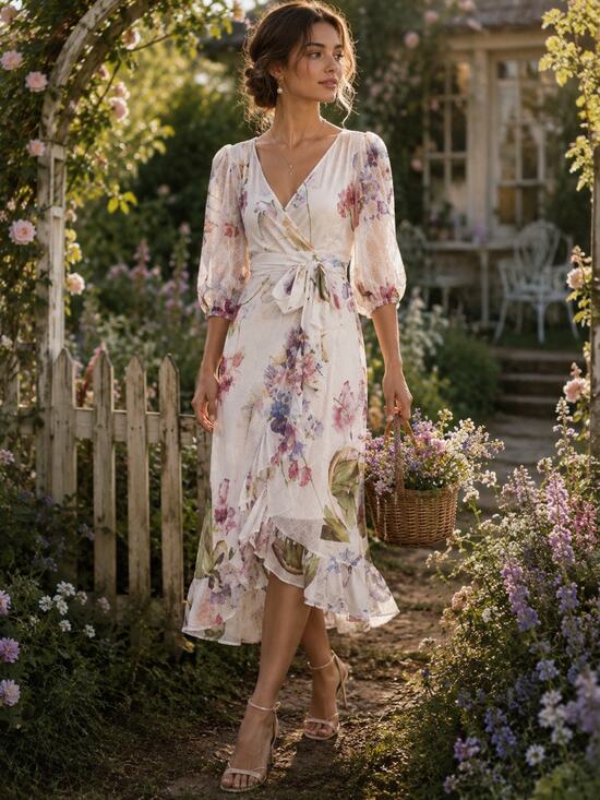 Ganni Dresses & Skirts - Ganni Tilden Floral Mesh Wrap Midi Dress Cottagecore Romantic Whimsy Size 36
